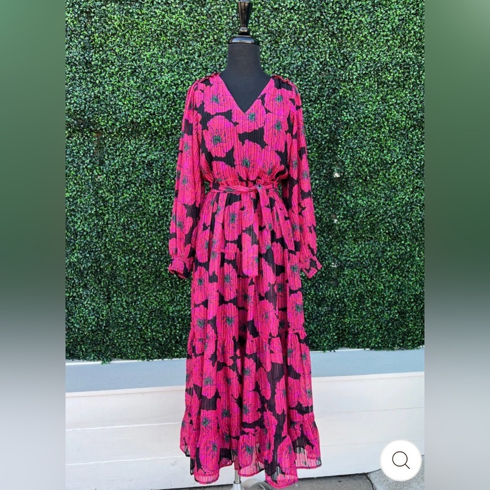 Jade Melody Tam Floral Maxi Dress Long Sleeve Tiered Boho Fuchsia Dress - L
